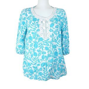 Lilly Pulitzer Top Small Blue White Floral 3/4 Sleeve Silver Thread Crochet Tuni